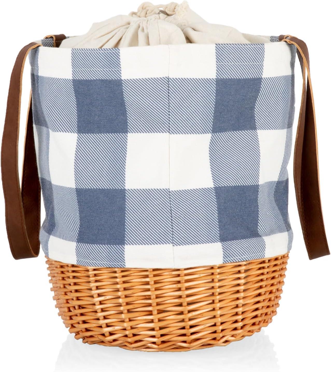 Picnic Time Coronado Canvas and Willow Basket Tote with Blue, White, and Beige Accents