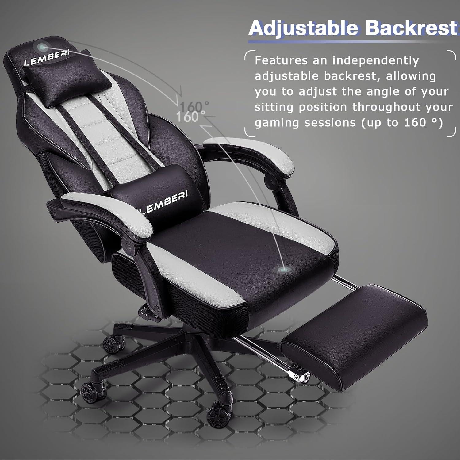 LEMBERI Gaming Chairs with Footrest,Ergonomic Video Game Chairs for Adults,Big and Tall Gaming Chair 400lb Weight Capacity, Racing Style Gaming Computer Gamer Chair with Headrest and Lumbar Support
