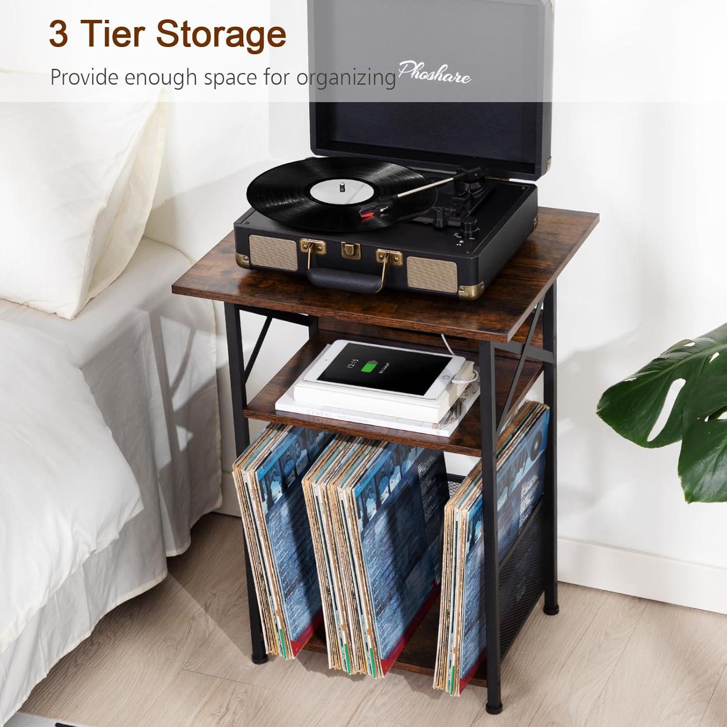 Record Player Stand with Charging Station, Turntable Stand with Storage Cabinet, 3 Tier End Table Hold Up to 100 Albums, Record Stand for Vinyl, Living Room, Rustic Brown