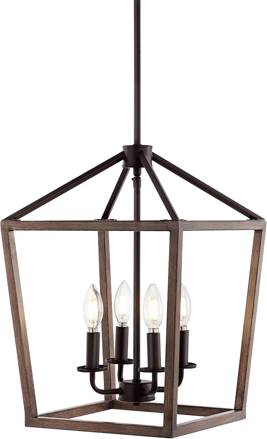 Oria 13" 4-Light Iron Farmhouse Industrial Lantern LED Pendant, Oil Rubbed Bronze/Faux Wood