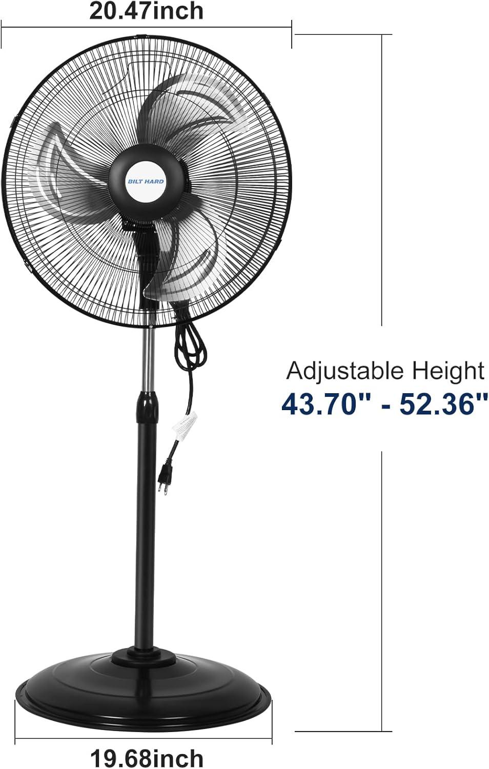 BILT HARD 3900 CFM 18" High Velocity Pedestal Oscillating Fan, 3-Speed Heavy Duty Metal Standing Shop Fan with Aluminum Blades for Commercial, Residential, and Garage, UL Listed
