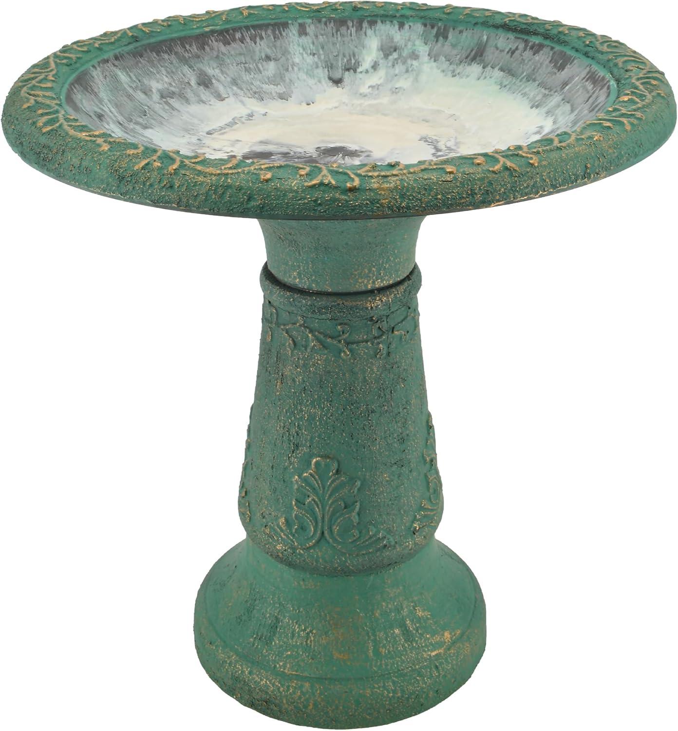 Green Fiberclay Ornate Floral Standing Birdbath