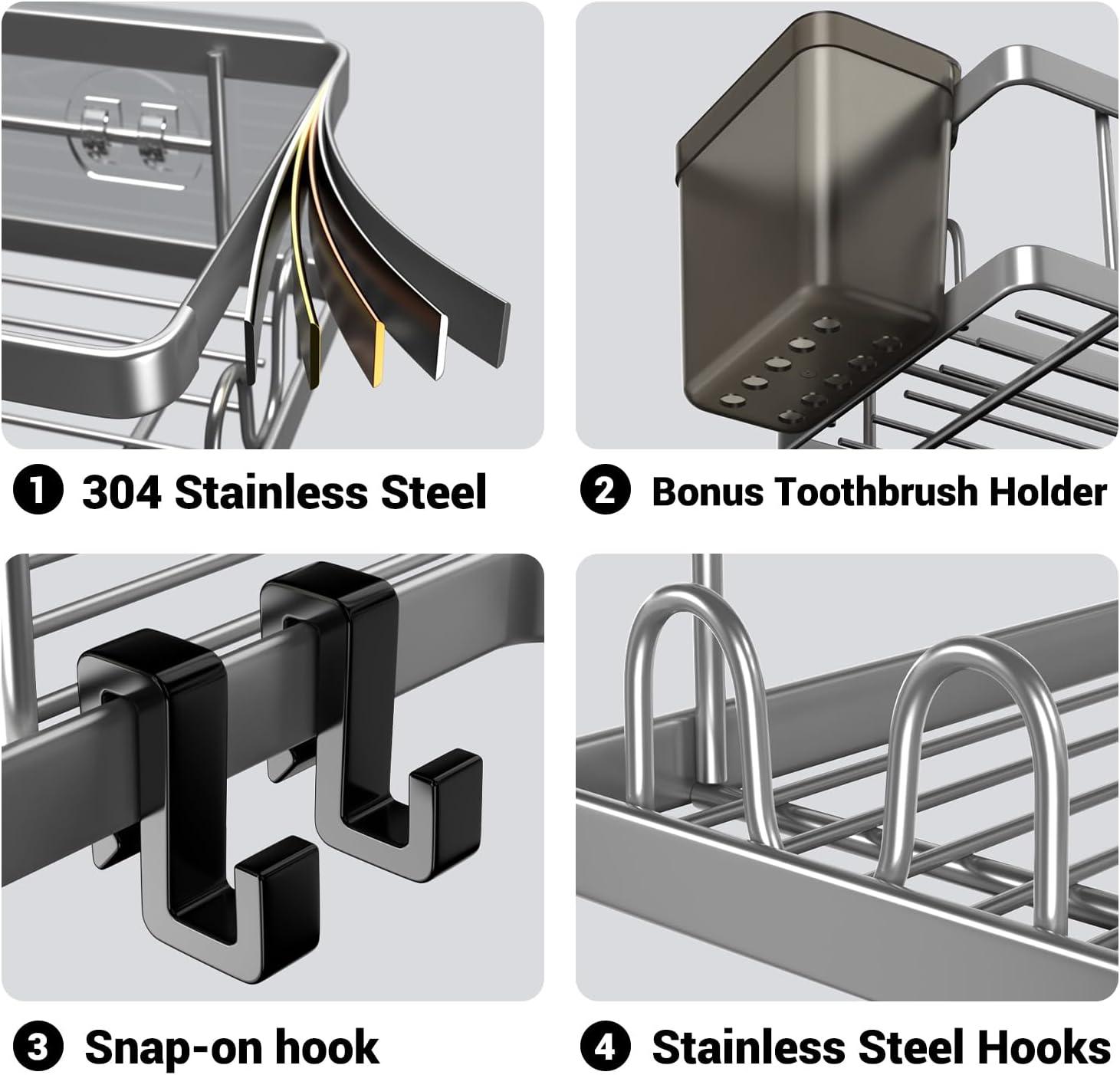 Corner Shower Caddy 2 Pack Organizer Shelves No Drilling Stainless Steel with Hooks&Toothpaste Holder