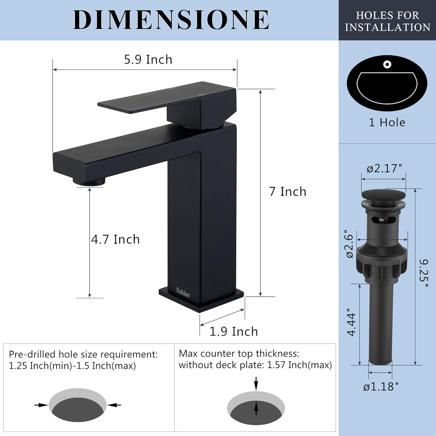 Matte Black Single Handle Bathroom Sink Faucet, Stainless Steel Bathroom Faucet with cUPC Certified Water Supply Hoses, Commercial Vanity Faucet Modern Single Hole RV Bathroom Faucets