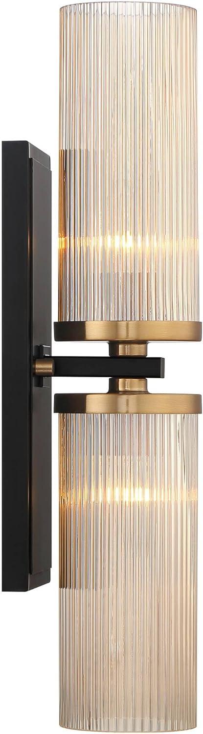 Stiffel Modern Wall Light Sconce Black Brass Hardwired 4 1/4" 2-Light Fixture Ribbed Champagne Glass Shade for Bedroom Bathroom Vanity Living Room