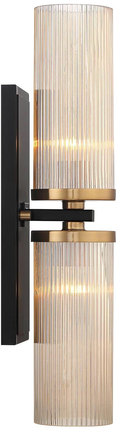 Stiffel Modern Wall Light Sconce Black Brass Hardwired 4 1/4" 2-Light Fixture Ribbed Champagne Glass Shade for Bedroom Bathroom Vanity Living Room