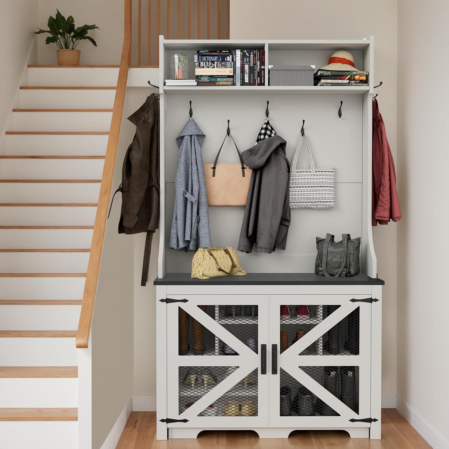 Hall Tree with Removable Bench and Shoe Storage, 77" H Entryway Coat Rack Freestanding with 9 Shoe Cubbies and 7 Coat Hooks, Farmhouse Wooden Style Mudroom Bench Storage Cabinet, White