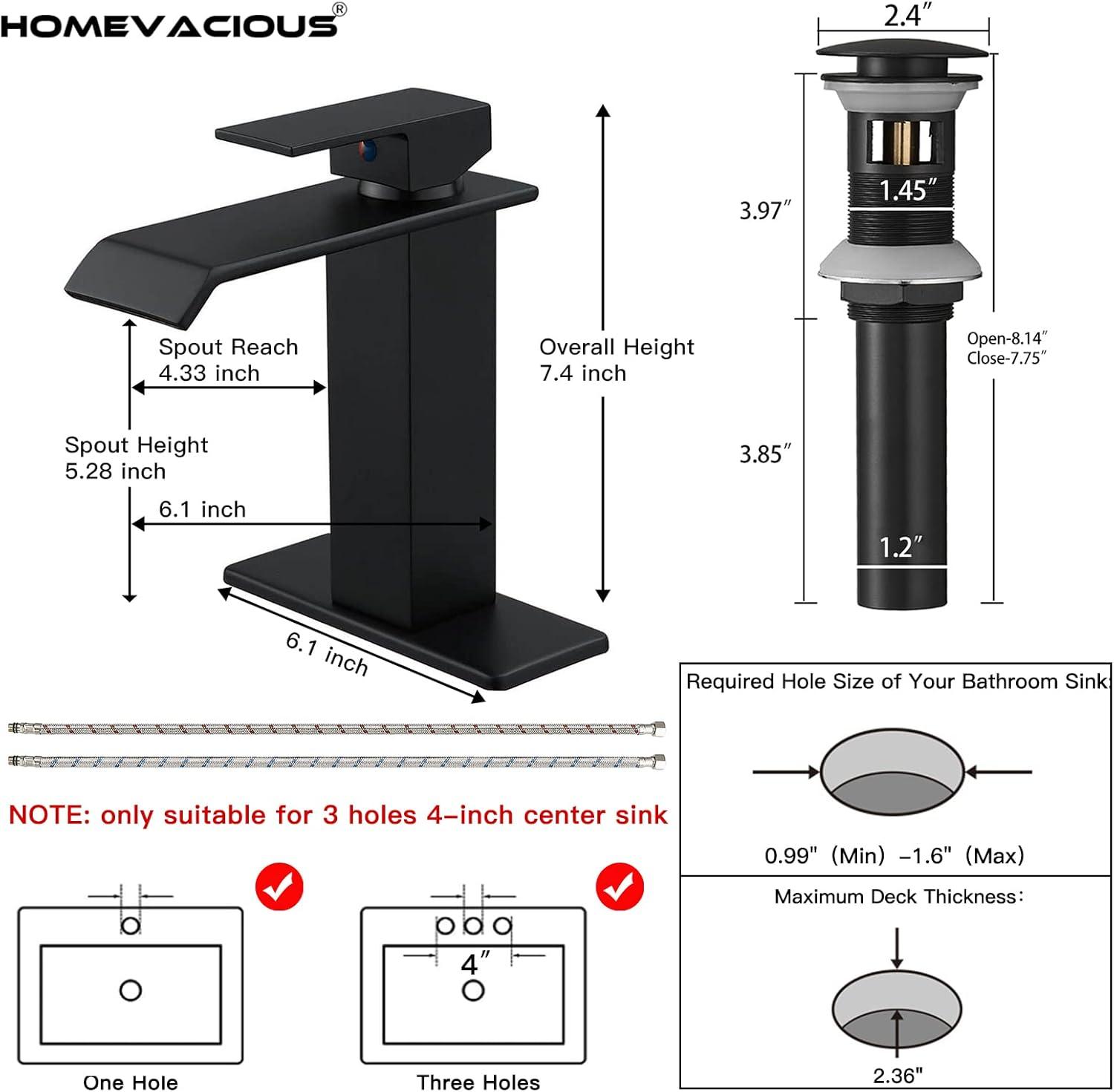 Matte Black Single Hole Waterfall Bathroom Faucet with Pop-Up Drain