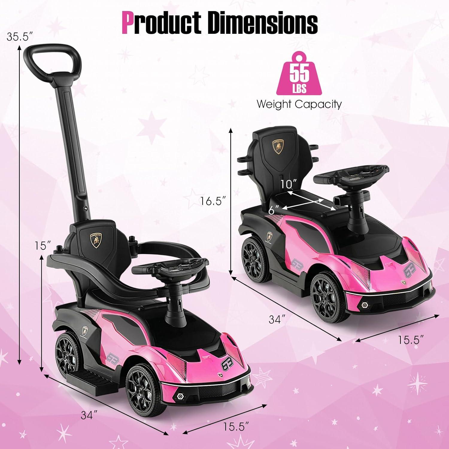 Costway 3-in-1 Licensed Lamborghini Ride on Push Car Stroller Sliding Car w/ Sound Pink