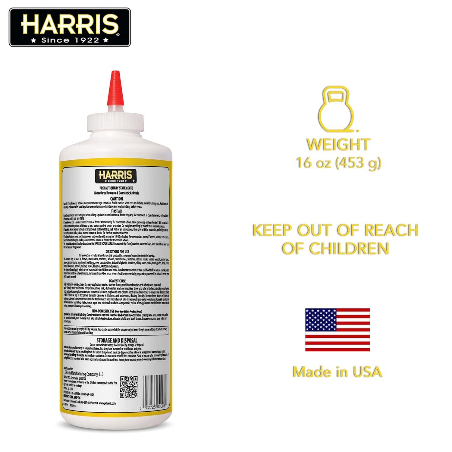 Harris Boric Acid Roach Killer Powder with Lure, Indoor Use, 16oz
