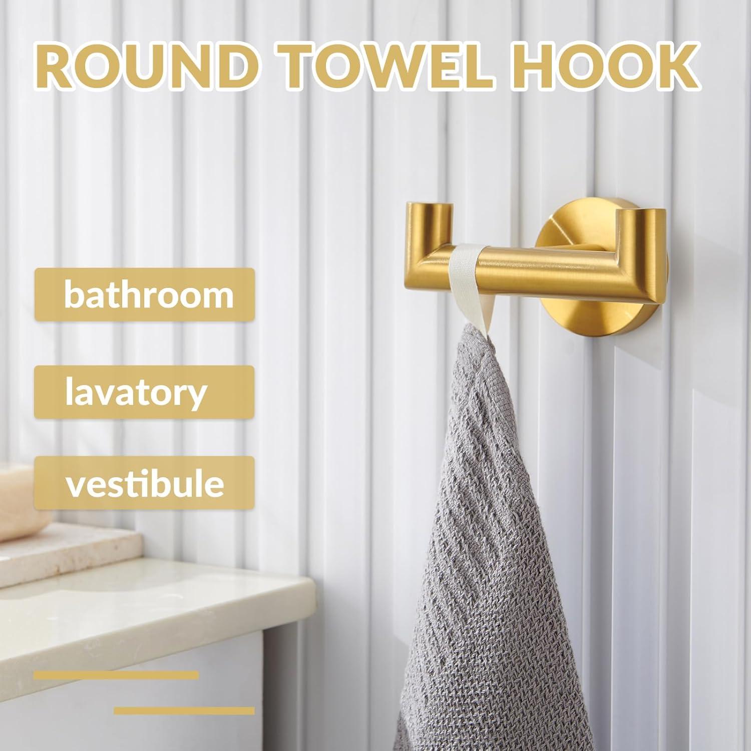 Simple Bathroom Double Hook Brushed Gold, Sus304 Stainless Steel Bath Towel Holder, Double Robe Hanger Wall Mount