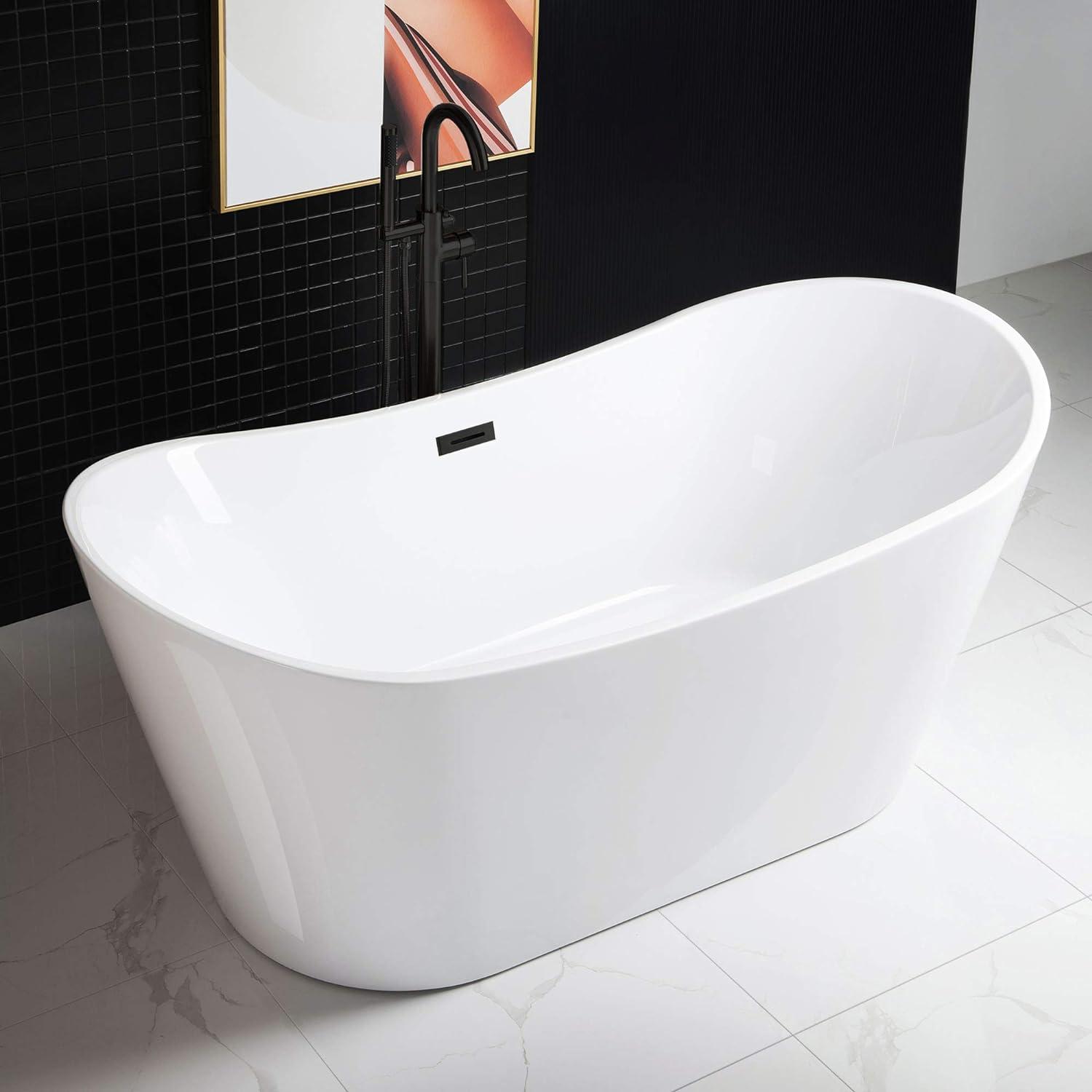 WOODBRIDGE 67" Acrylic Freestanding Bathtub Contemporary Soaking White Tub with Matte Black Overflow and Drain,B0010-MB-Drain &O