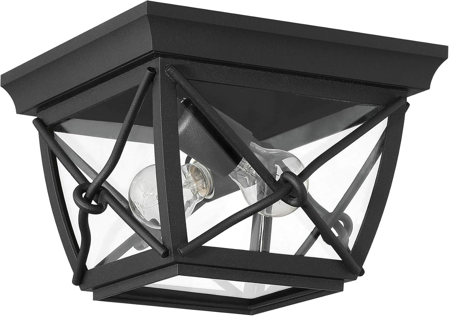 Black Steel and Glass Outdoor Flush Mount Ceiling Light