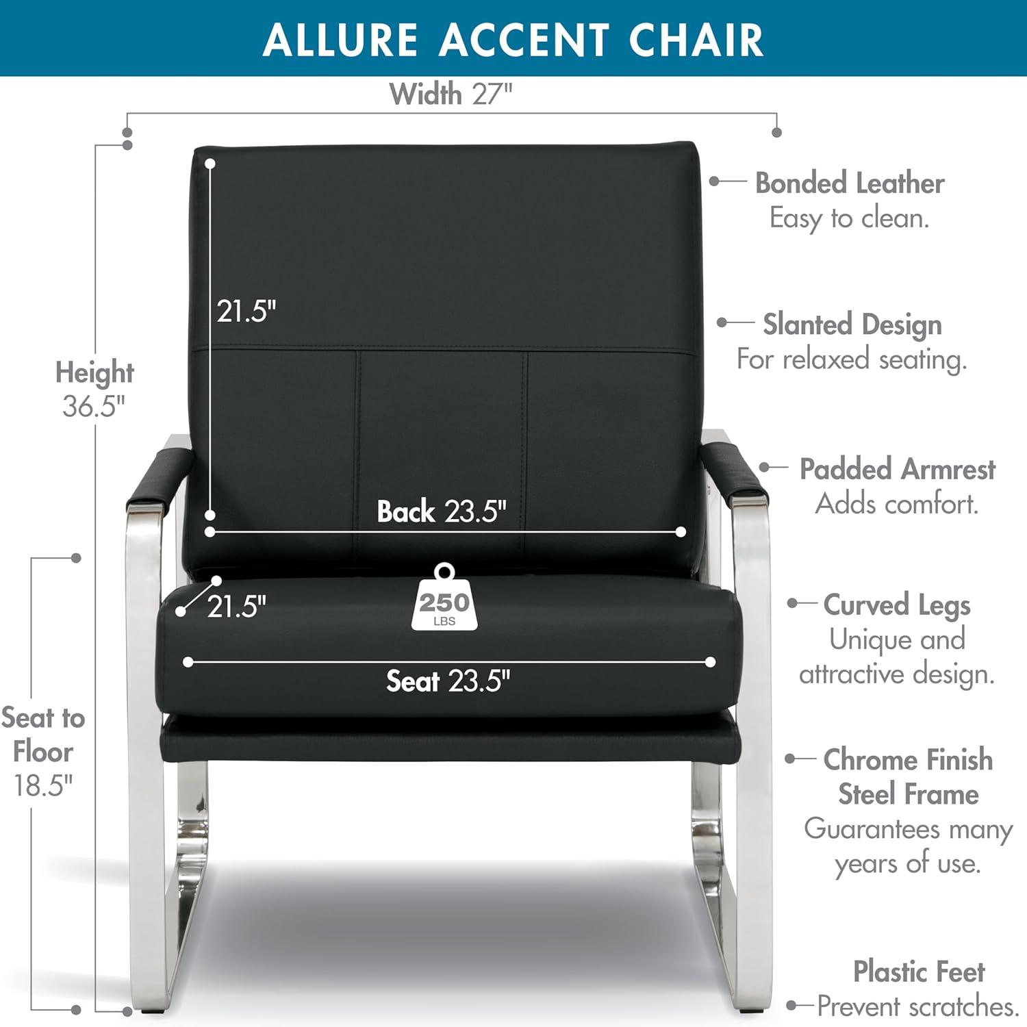 Allure Modern Blended Leather Accent Arm Chair Black/Chrome: Chrome-Finished, Padded for Comfort - Studio Designs Home