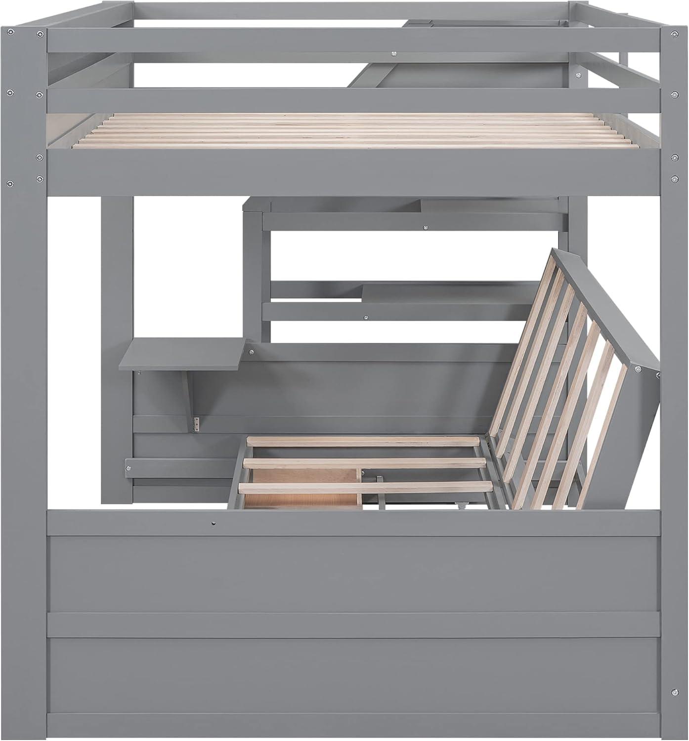 Harper & Bright Designs Full Over Full/Futon Bunk Beds with Stairs and 3 Drawers, Built-in Shelf, Bottom Bed can be Converted into Daybed, Solid Wood Bunk Bed Frame - Gray