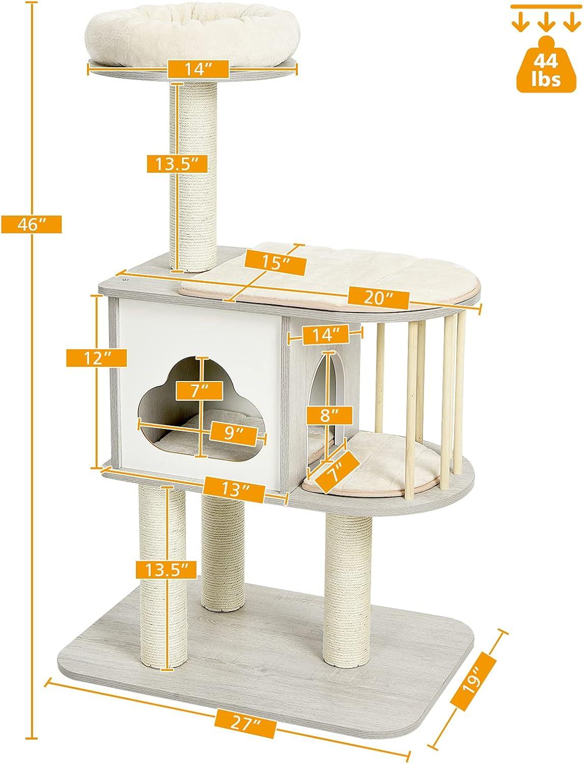 Archie & Oscar™ 46" Modern Wooden Cat Tree With Platform & Washable Cushions For Kittens & Cats