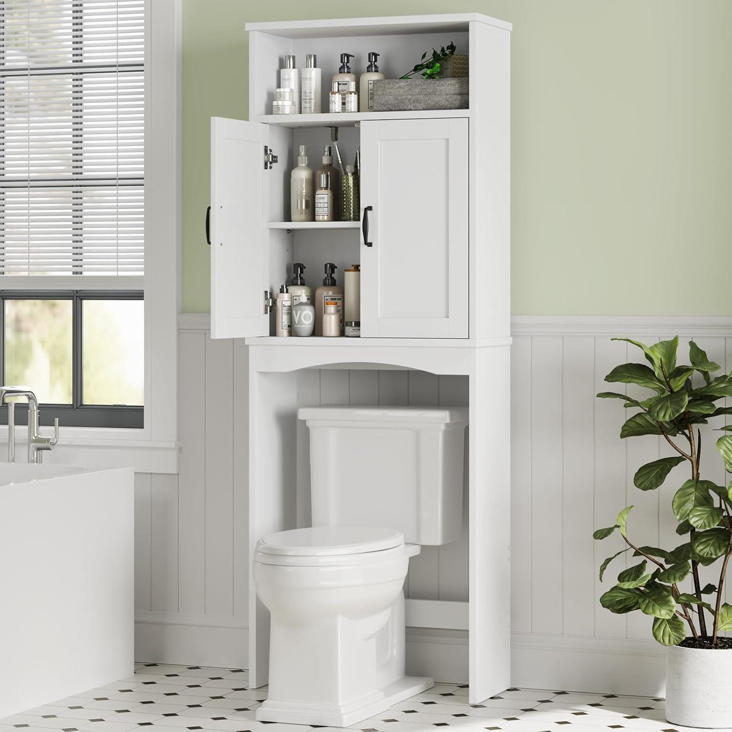 White Adjustable Over-the-Toilet Storage Cabinet with Glass Doors