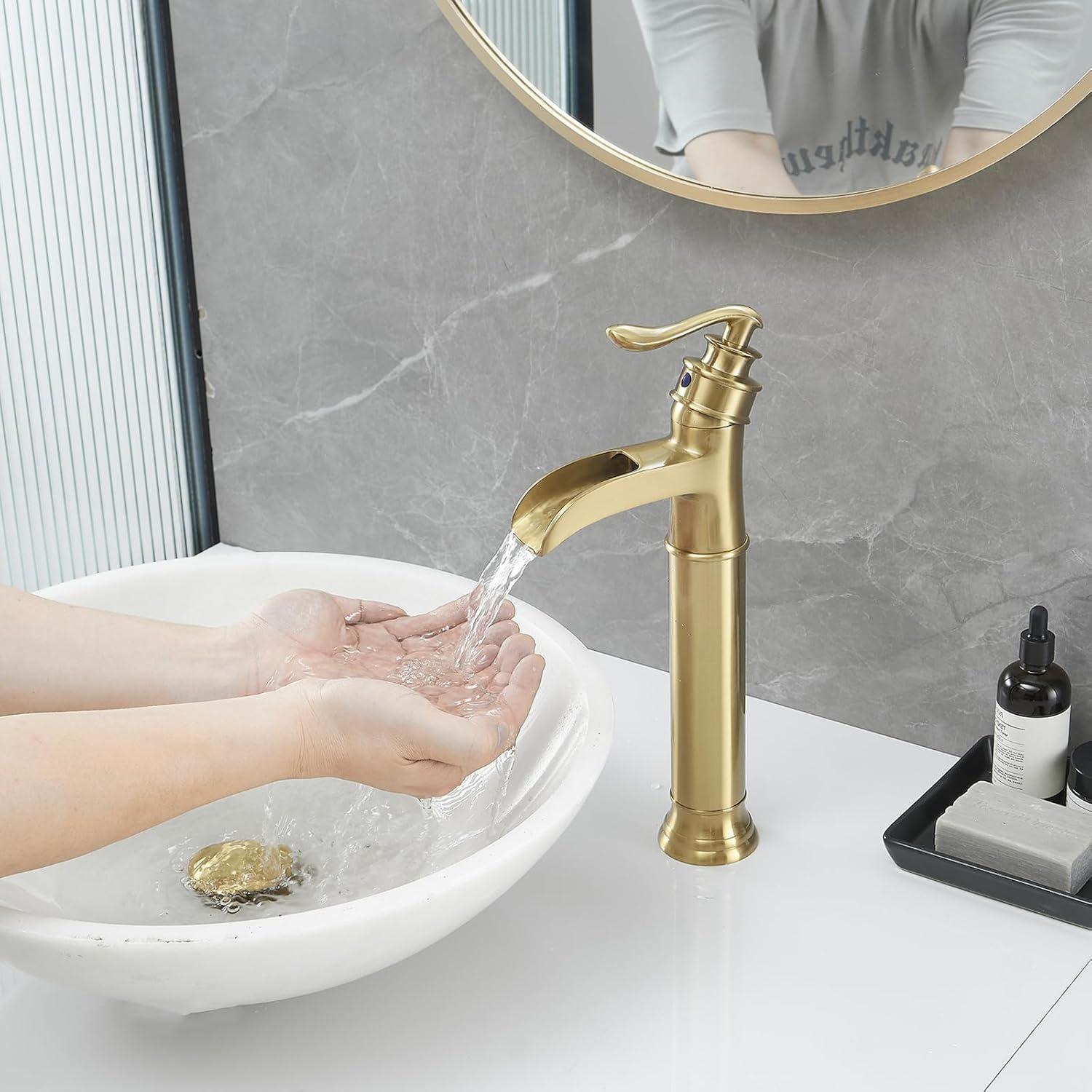 GGStudy Waterfall Single-Handle One Hole Bathroom Vessel Sink Faucet Matching Pop Up Drain Brushed Gold Farmhouse Bathroom Vanity Faucet