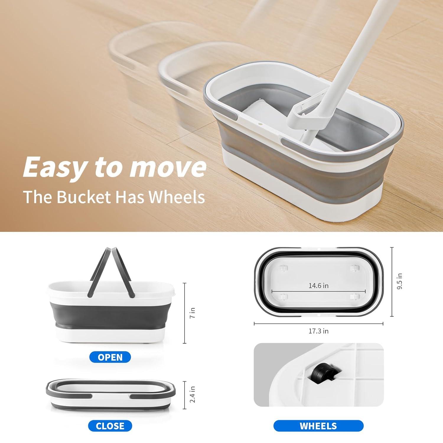 oshang Flat Mop and Collapsible Bucket OG7, Mop and Bucket for Floor Cleaning, Foldable Bucket with Wheels, 2 Washable & Reusable Microfiber Pads