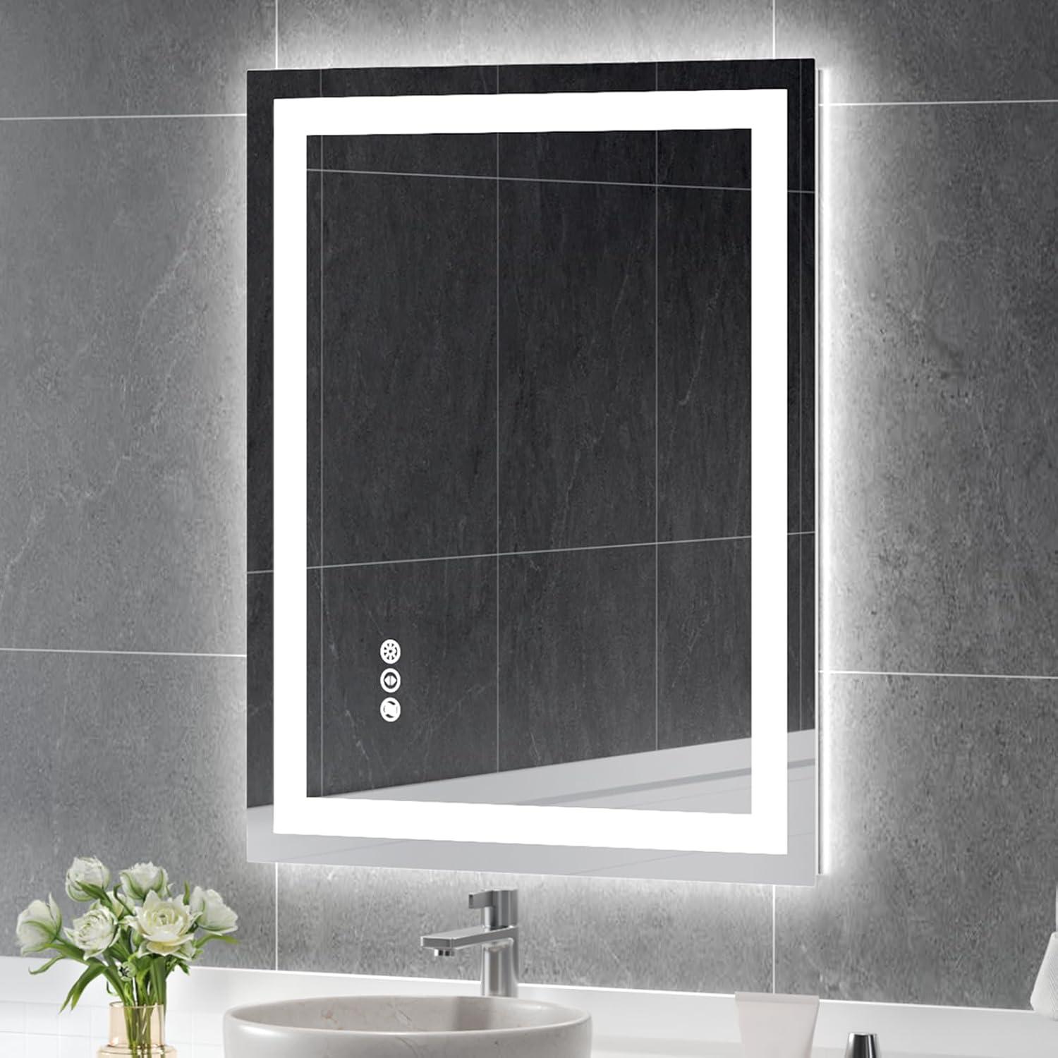 USHOWER 28x36 Inches LED Lighted Bathroom Mirror - Frontlit & Backlit, Anti-Fog, Adjustable Brightness and Color - Safety Tempered Glass Vanity Mirror