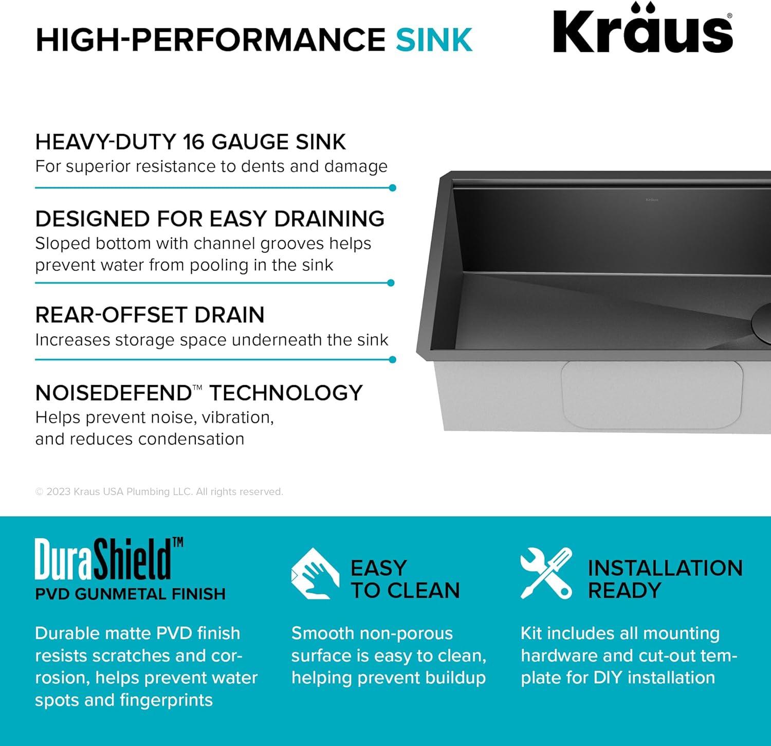 Kraus Kore Workstation 32 Undermount 16 Gauge Stainless Steel Single Bowl Kitchen Sink in PVD Gunmetal Finish with Accessories