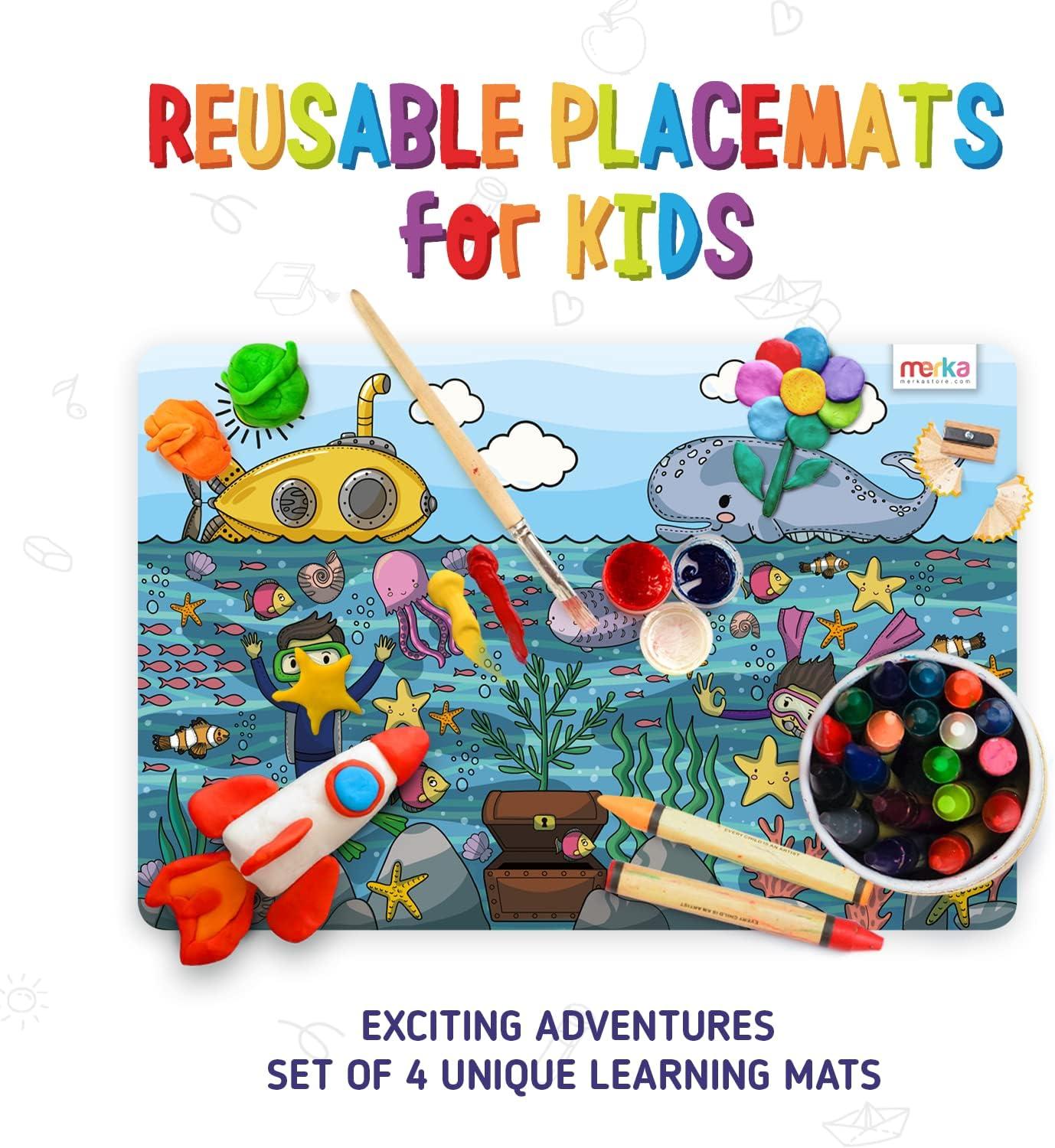 merka Kids Wipeable Plastic Placemats for Dining Table - Ocean, Space, Jungle, Unicorns for Ages 2 and Up, Set of 4