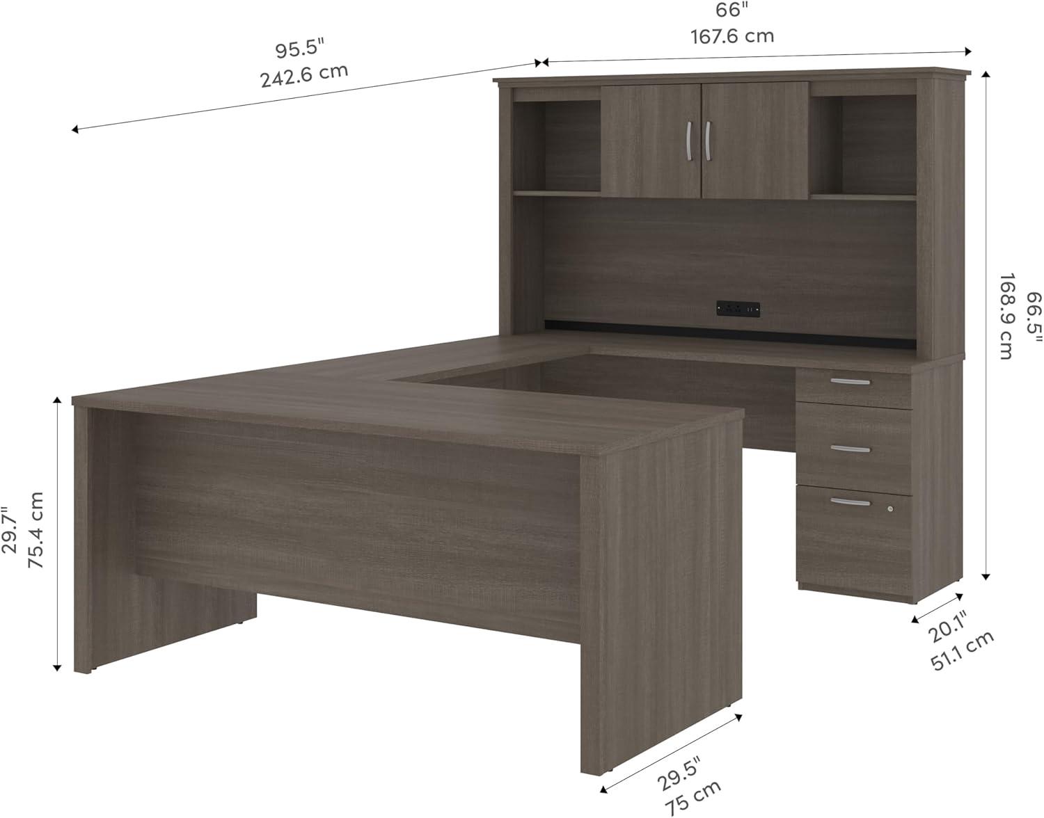 Bestar Logan 66W U or L-Shaped Executive Office Desk with Pedestal and Hutch in bark grey