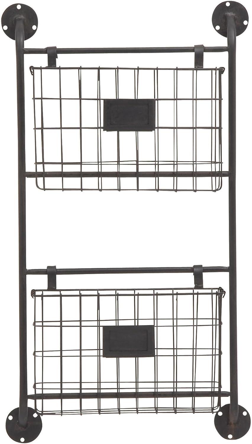 DecMode 28" Black Metal 2 Slots Magazine Rack Holder with Suspended Baskets and Label Slot