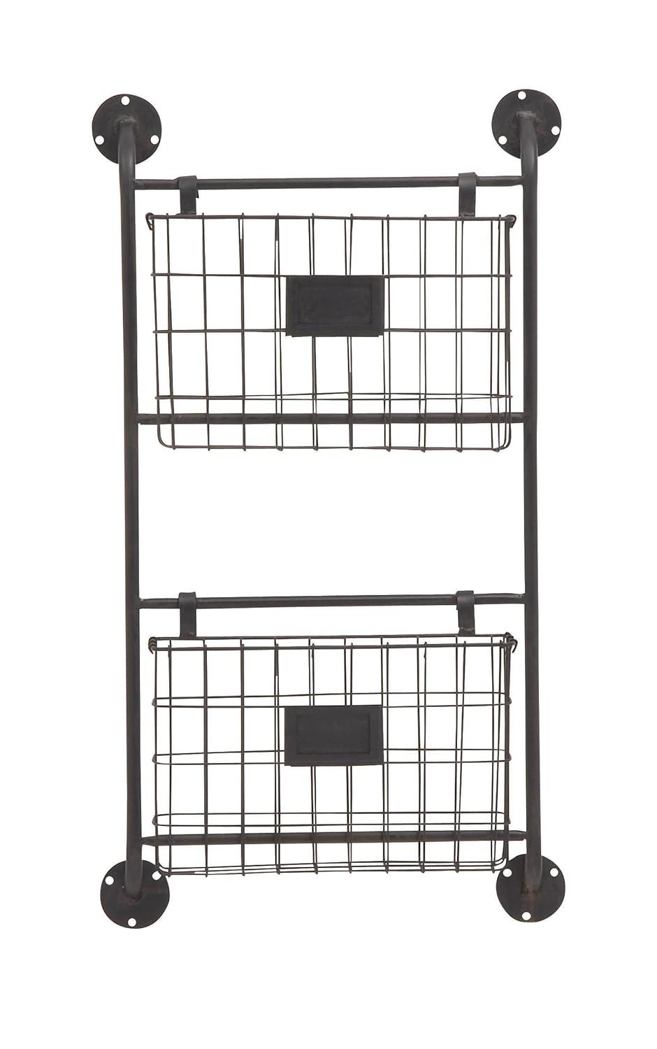 DecMode 28" Black Metal 2 Slots Suspended Wire Basket Magazine Rack Holder with Suspended Baskets and Label Slot