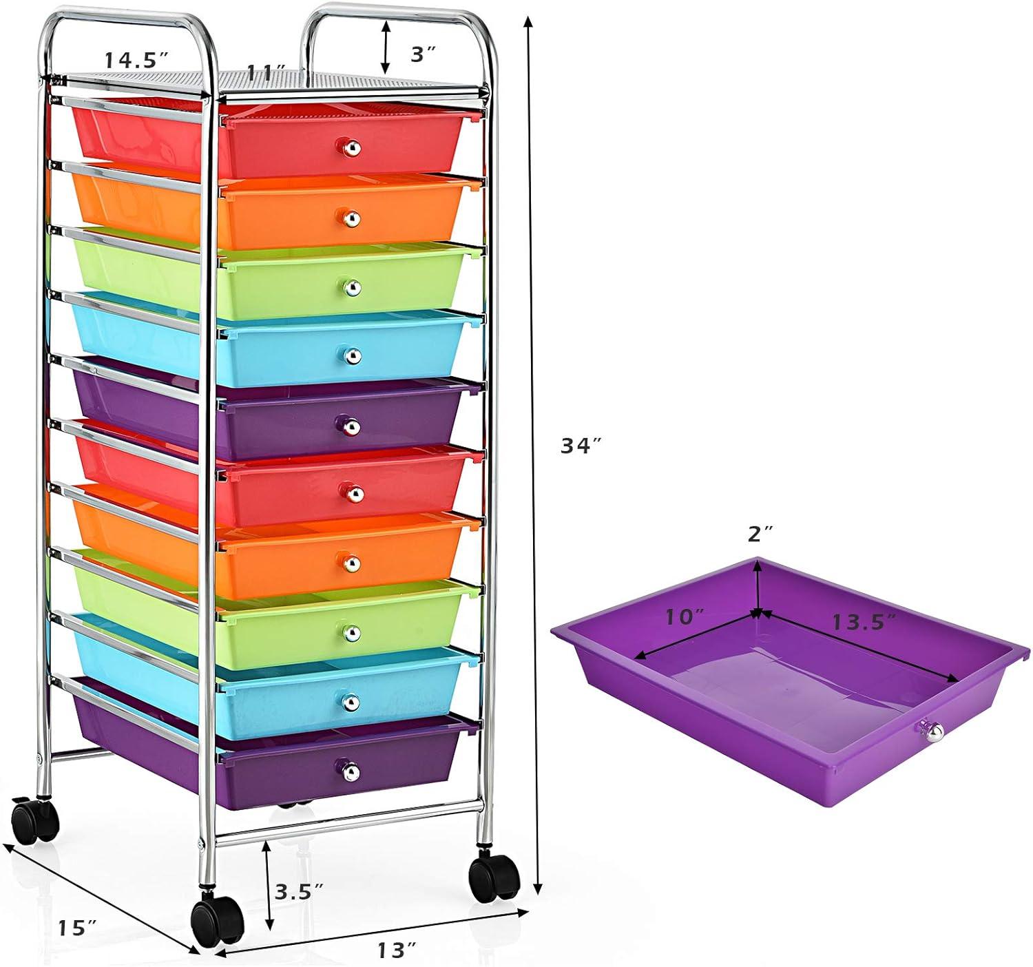 10 Drawer Rolling Storage Cart Plastic Utility Craft Cart with Drawer and Wheels MultiColor