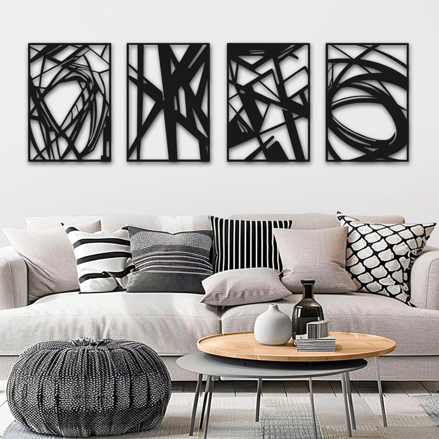 4 Pack Black Abstract Metal Wall Art, Minimalist Décor Single Line Art Décor, 3D Textured Sculptures, for Living Room Bedroom Bathroom Study (Black, M Size 16 x 11'')