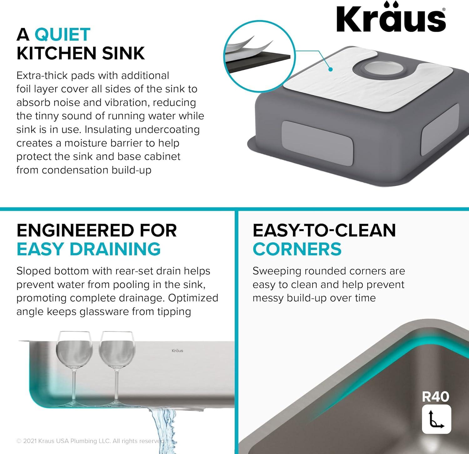 Dex™️ Series KRAUS 17" L Undermount 16 Gauge Stainless Steel Single Bowl Kitchen Sink