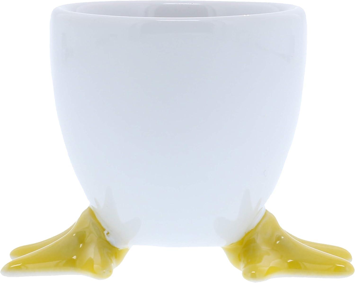 White and Yellow Stoneware Chicken Footed Egg Cups, Set of 4