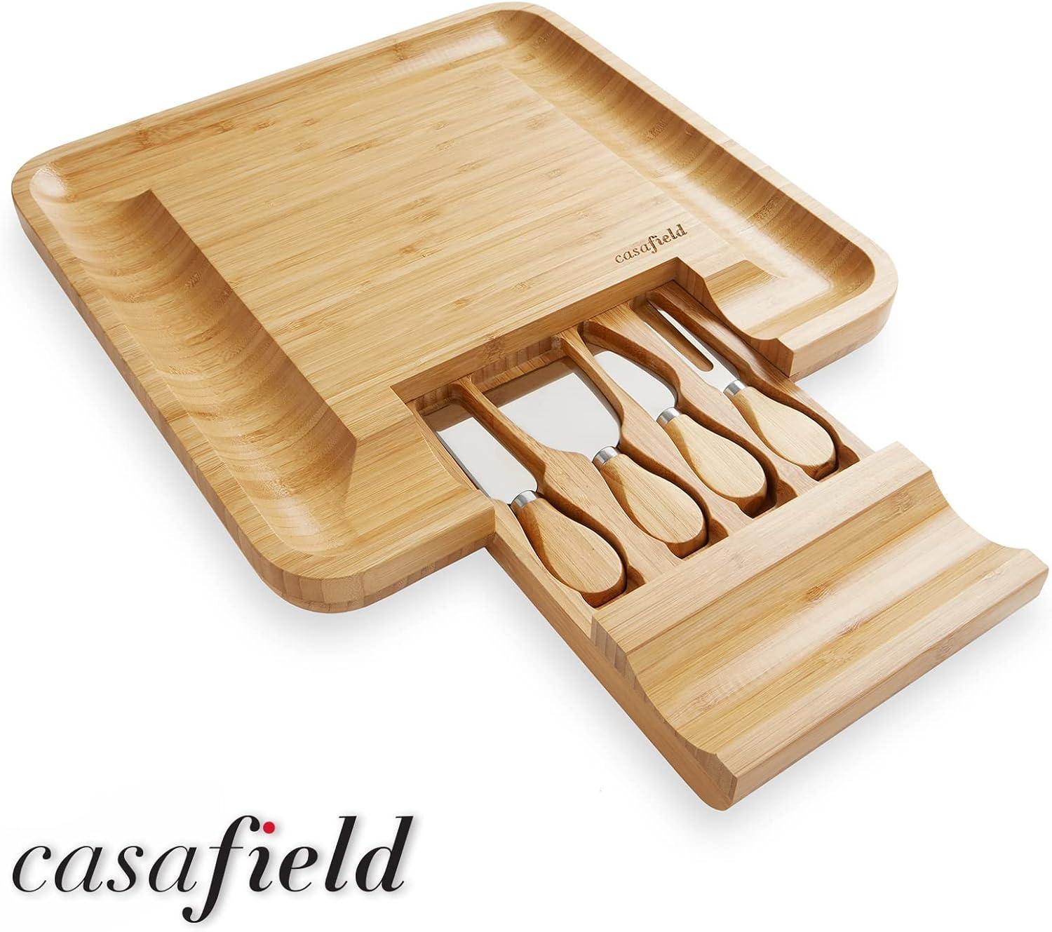 Casafield Bamboo Cheese Cutting Board & 4pc Knife Gift Set - Wooden Charcuterie Serving Tray for Cheese, Meat, Fruit & Crackers