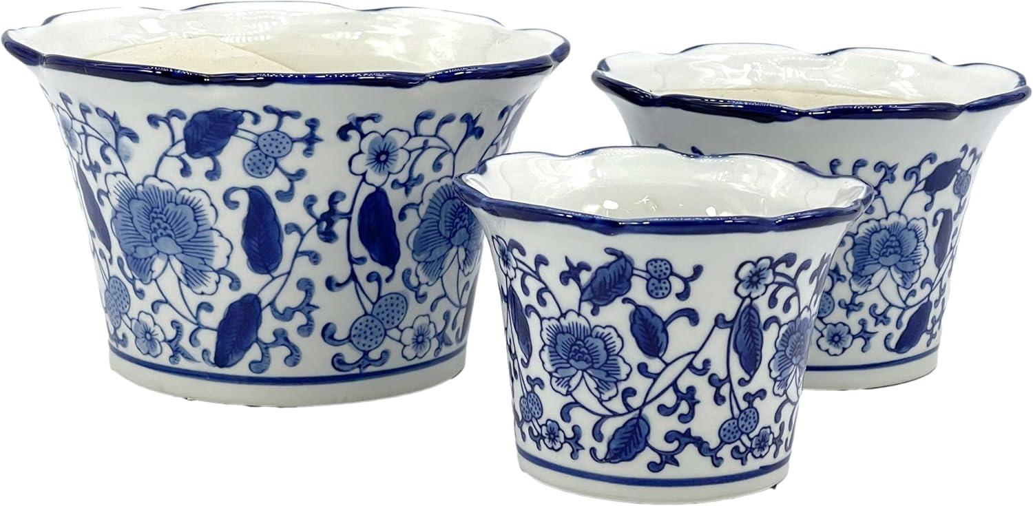 Set of 3 Blue & White Floral Ceramic Pots Ruffled Lip