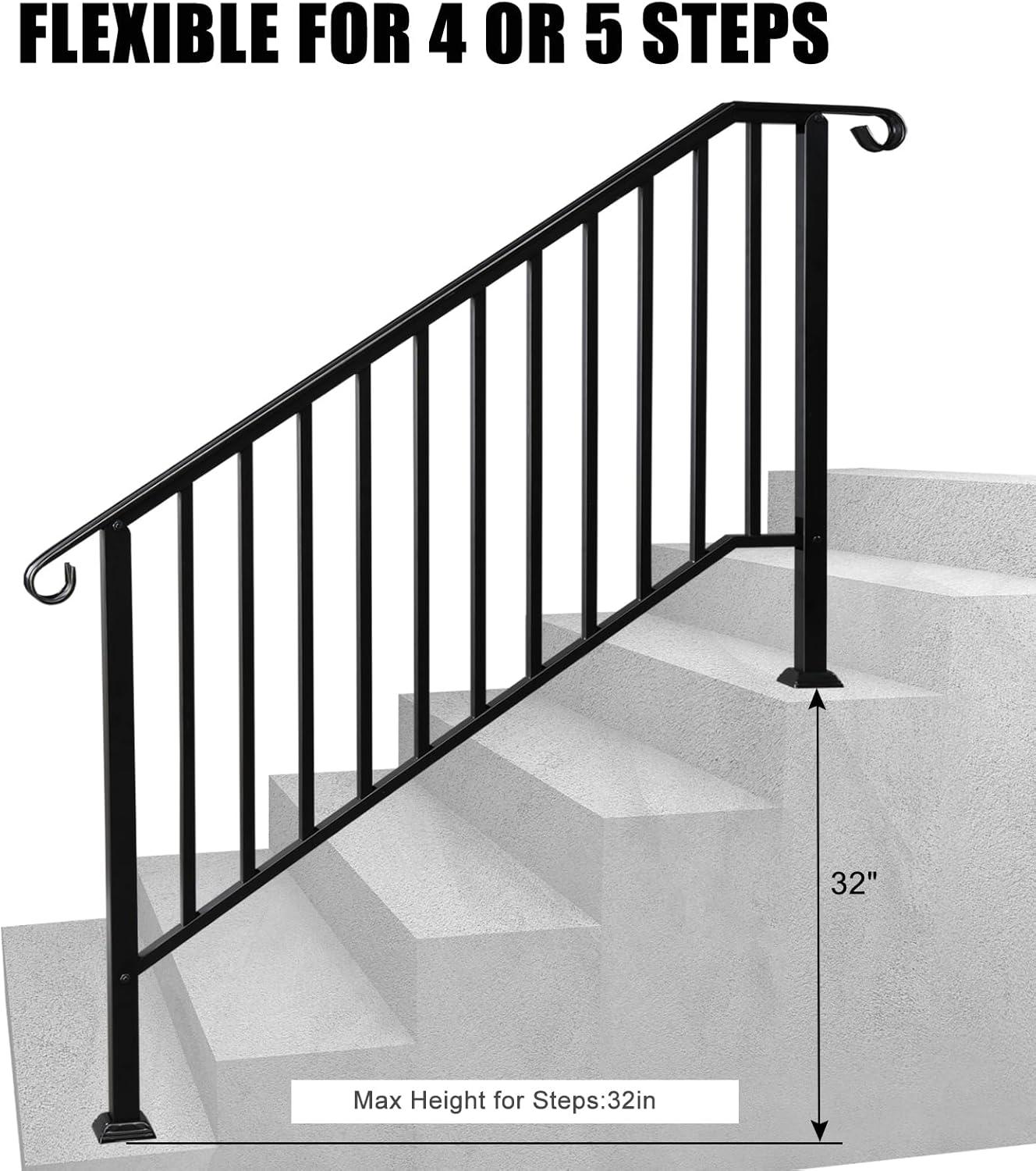HLL Handrails for Outdoor Steps, Black Wrought Iron Handrail Fits 4 or 5 Steps, Transitional Handrail with Installation Kit, Stair Railing for Concrete Steps or Wooden Stairs
