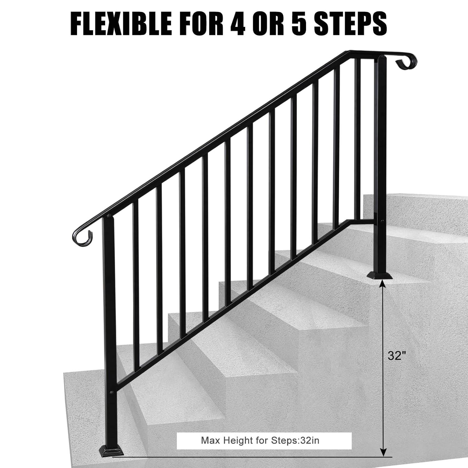 HLL Handrails for Outdoor Steps, Black Wrought Iron Handrail Fits 4 or 5 Steps, Transitional Handrail with Installation Kit, Stair Railing for Concrete Steps or Wooden Stairs