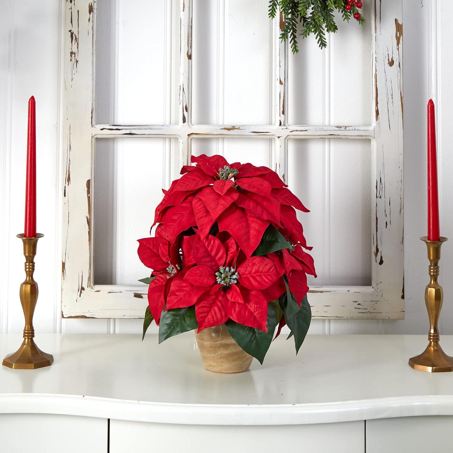 Nearly Natural 13" Artificial Poinsettia With Ceramic Vase Artificial Plant, Red