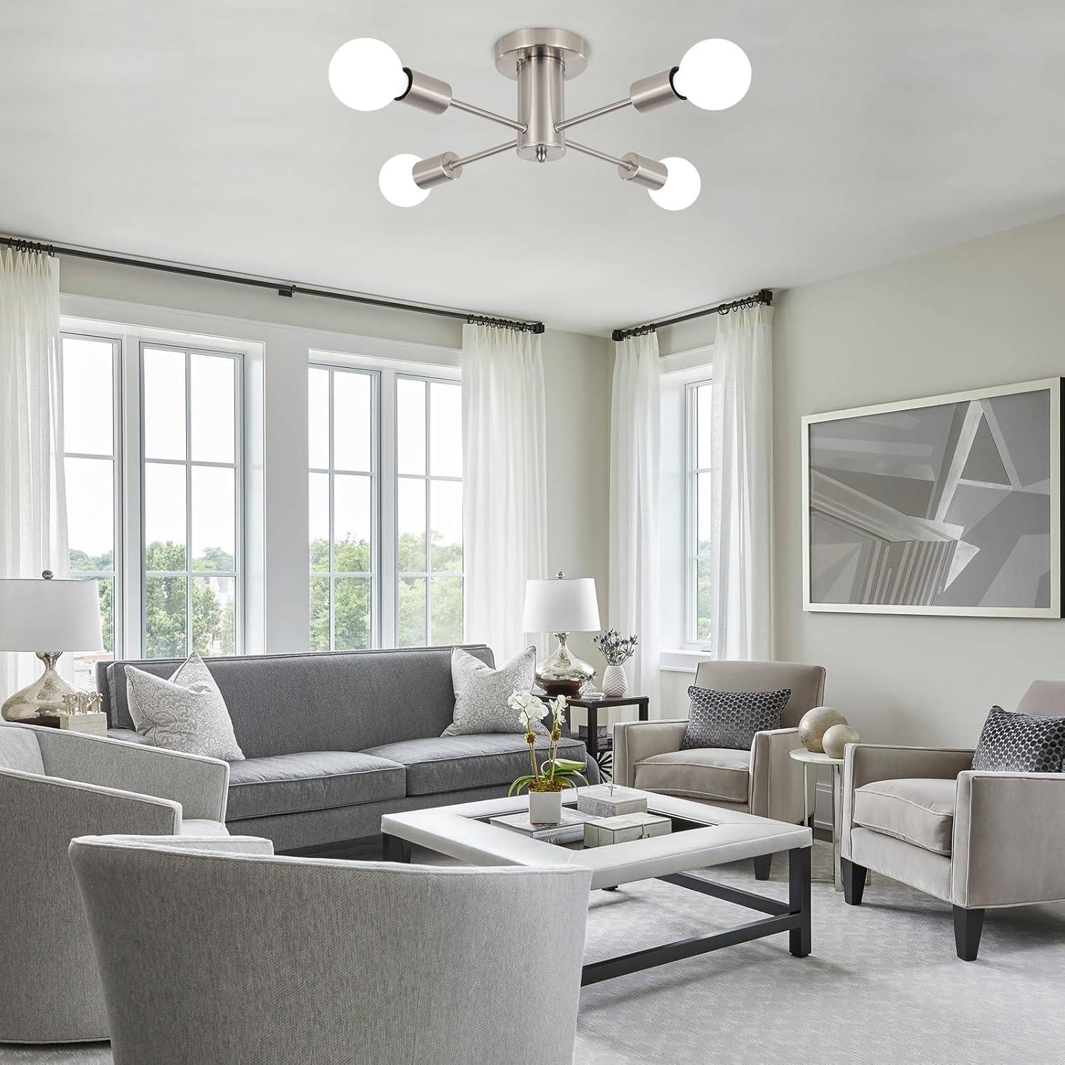 Sputnik Chandeliers, 4 Lights Kitchen Lighting Fixtures Ceiling Brushed Nickel Chandelier, Semi Flush Mount Ceiling Light Fixture for Bedroom Hallway Kitchen Living Room Dining Room