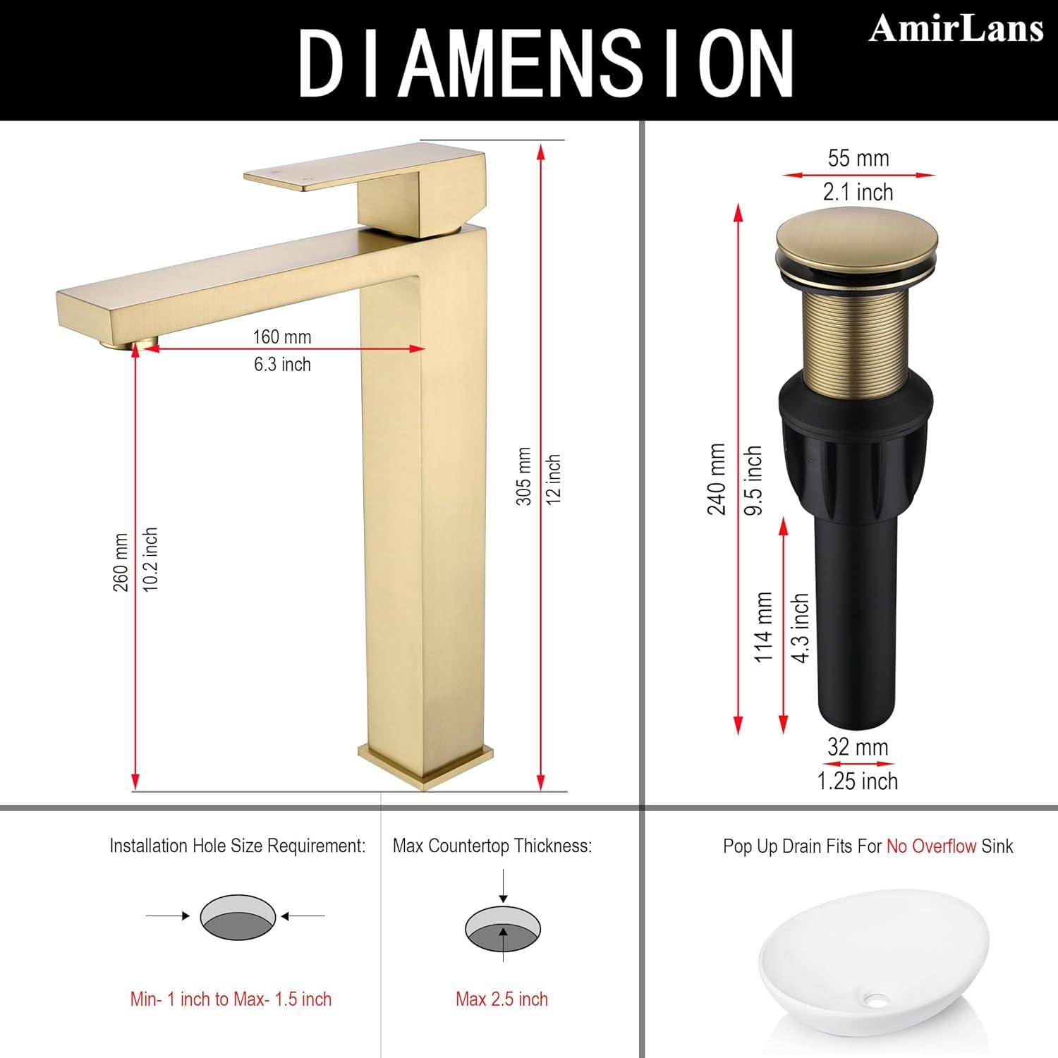 Brushed Gold Tall Stainless Steel Vessel Sink Faucet