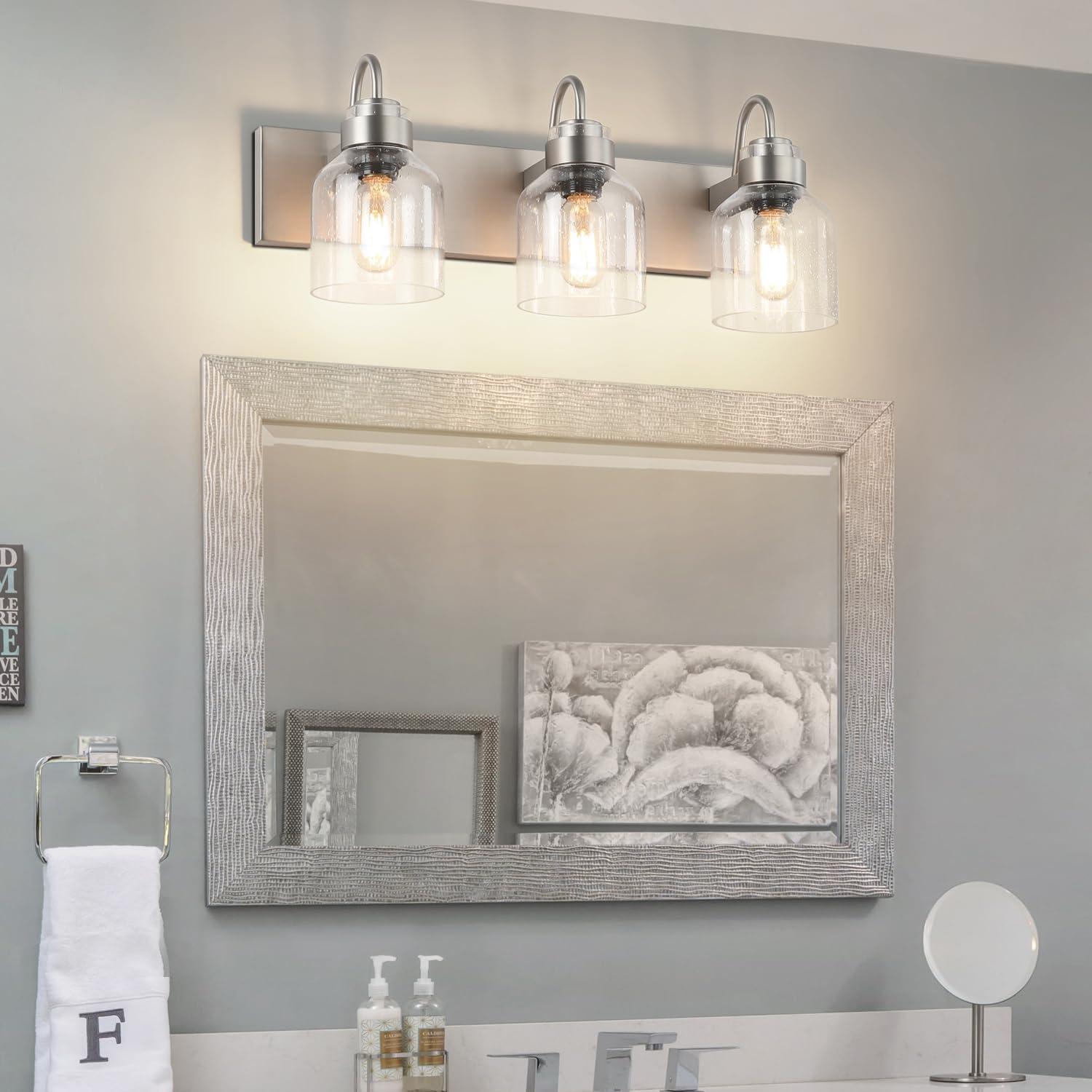 Brushed Nickel 3-Light Vanity with Bubble Glass Shades