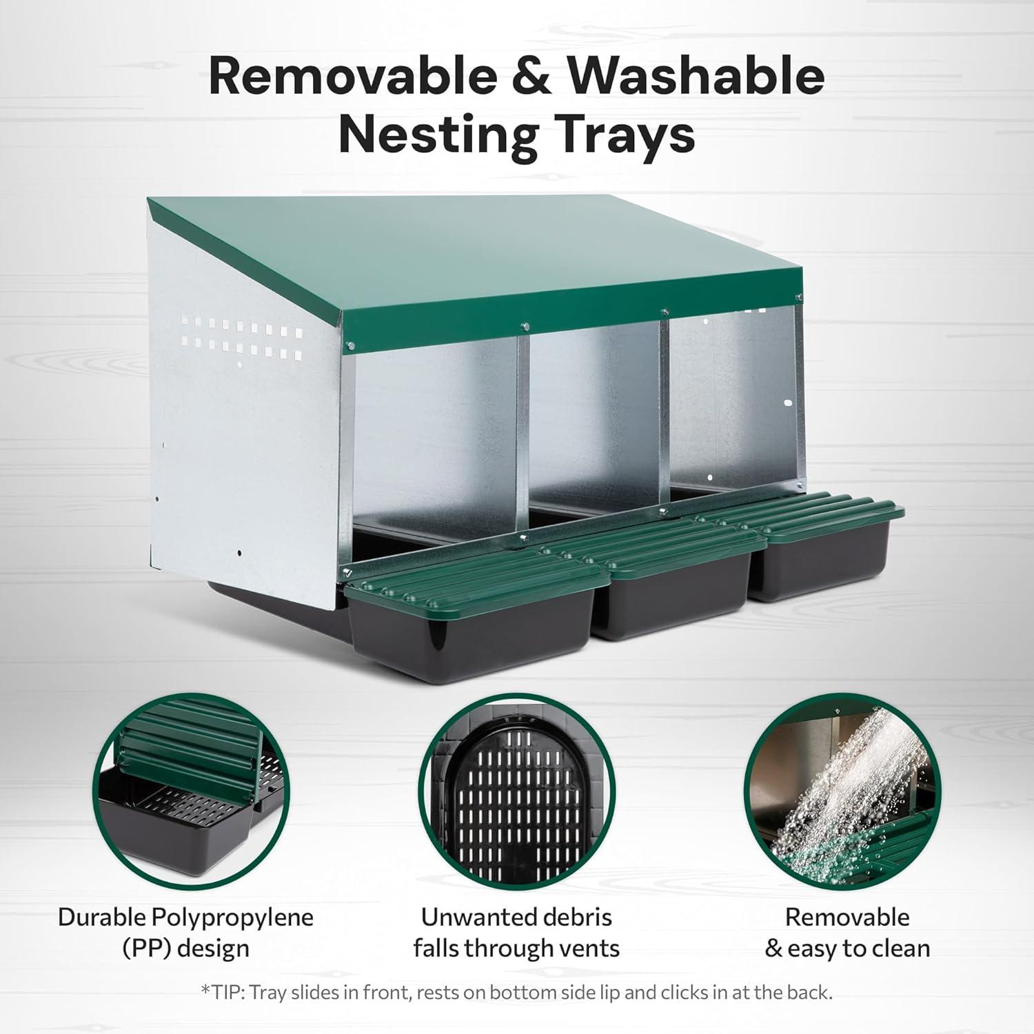 Compact Style 3 Compartment, Forward Rollout & Rollaway, Hen & Chicken Nesting Box with Protective Egg Laying Collection Lids