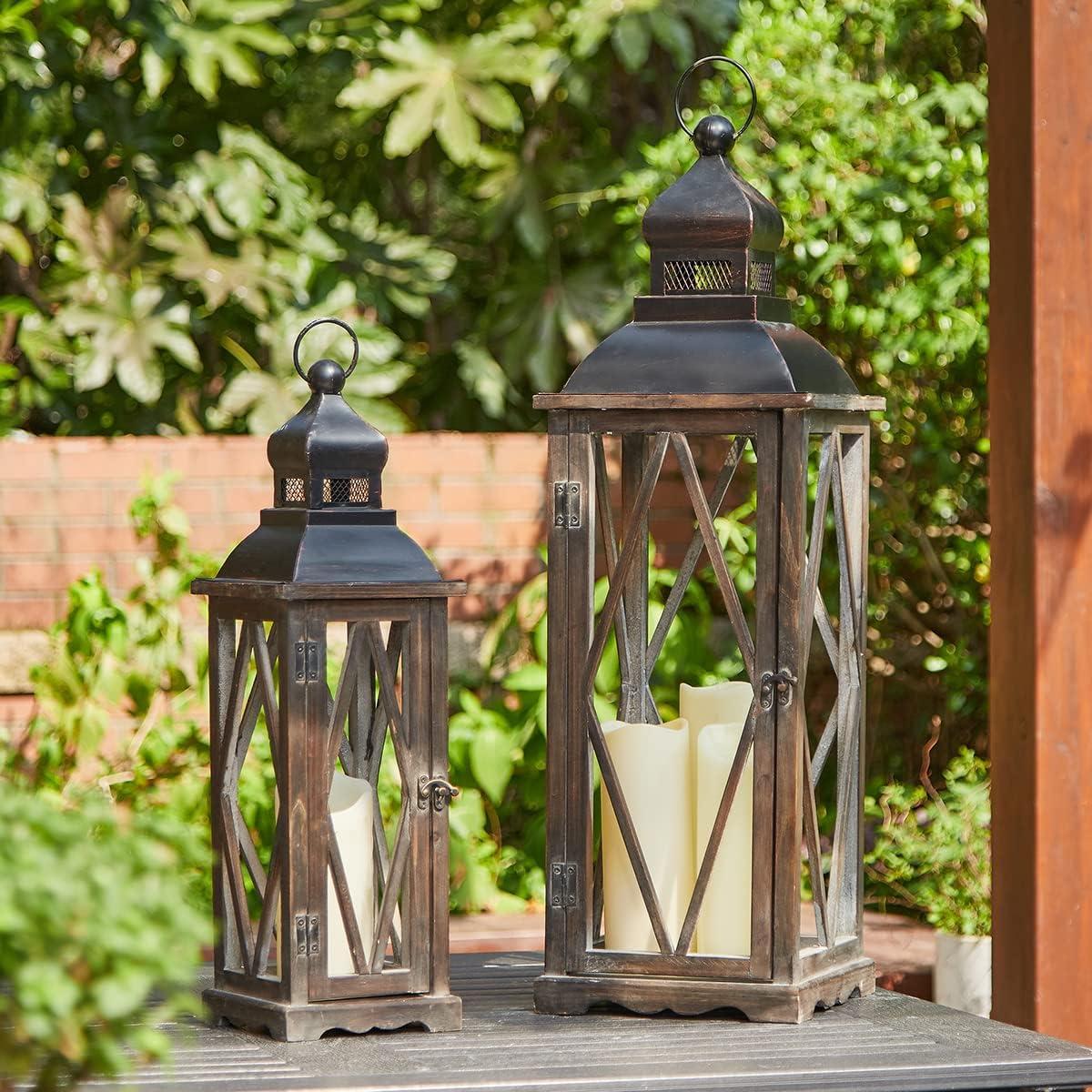 Glitzhome 2 Pack Farmhouse Wood/Metal Decorative Candle Lanterns Vintage Hanging Lantern for Patio - Tabletop, Black (No Glass)