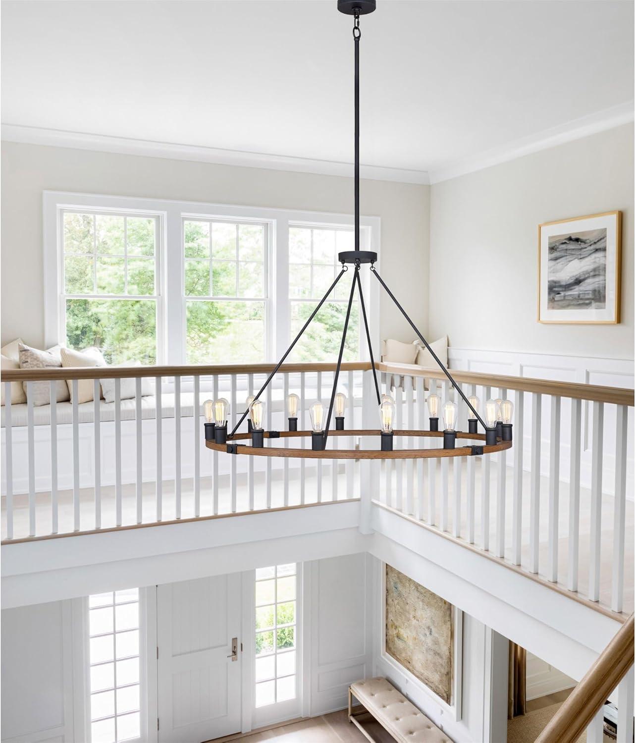 Kira Home Jericho 48" Large Farmhouse Wagon Wheel Chandelier, Large Foyer Chandelier w/ Textured Black + Warm Oak Wood