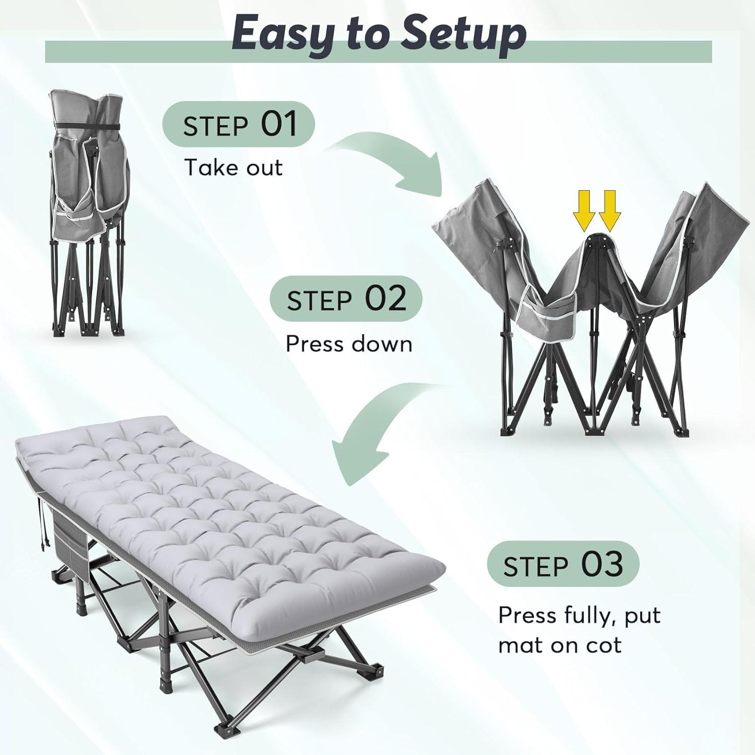 Gray XXL Folding Camping Cot with Mattress and Carry Bag