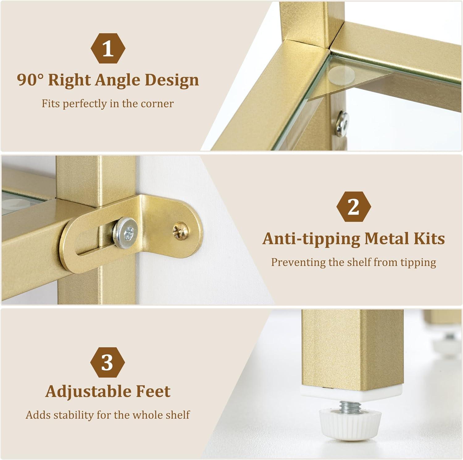 Gold 5-Tier Corner Bookshelf with Tempered Glass Shelves