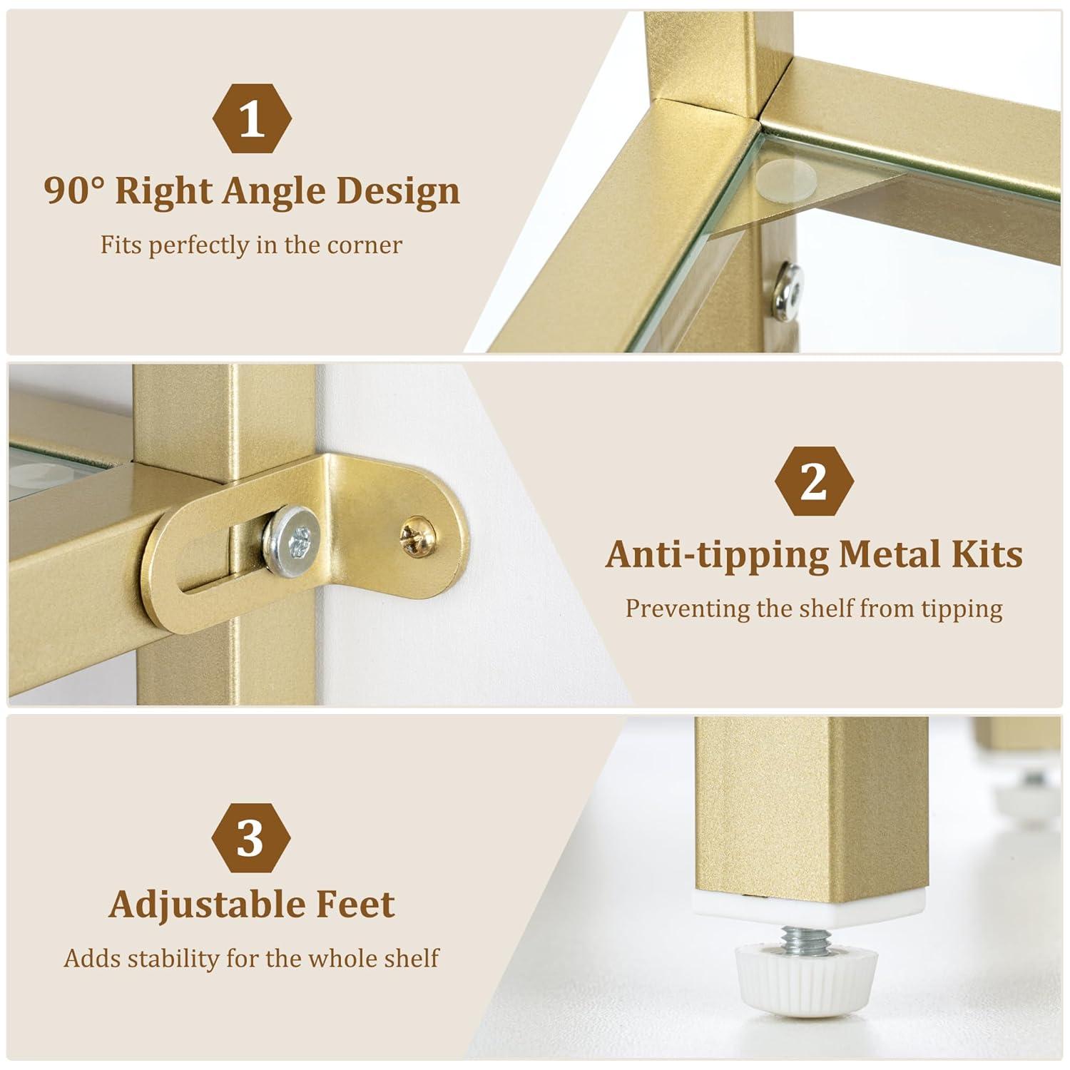 Gold 5-Tier Corner Bookshelf with Tempered Glass Shelves