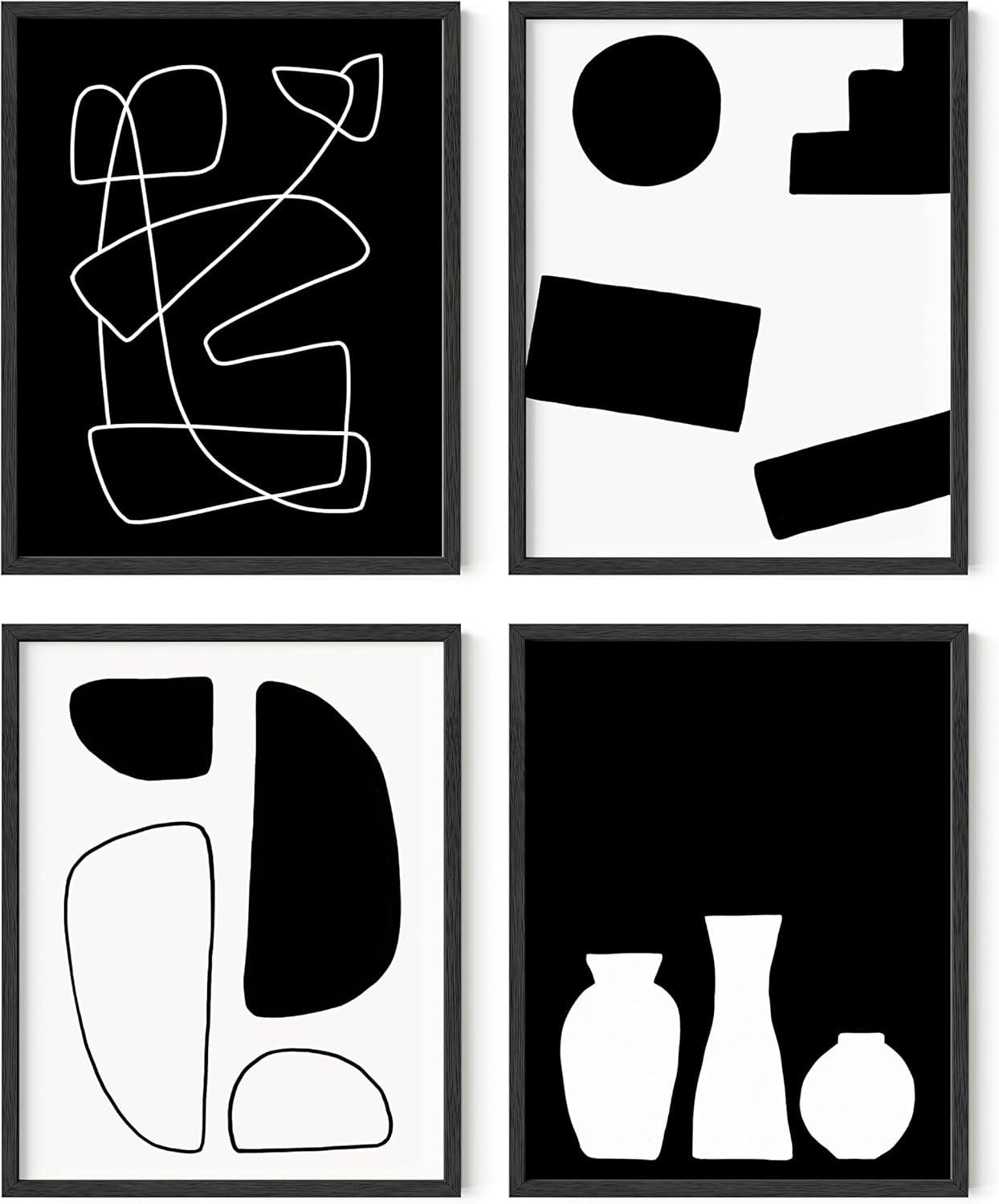 HAUS AND HUES Black and White Abstract Wall Art - Set of 4 Geometric Wall Prints, Modern Abstract Wall Art, Wall Decor Geometric Pictures For Wall, Black Art Work For Home Walls (11x14, Unframed)