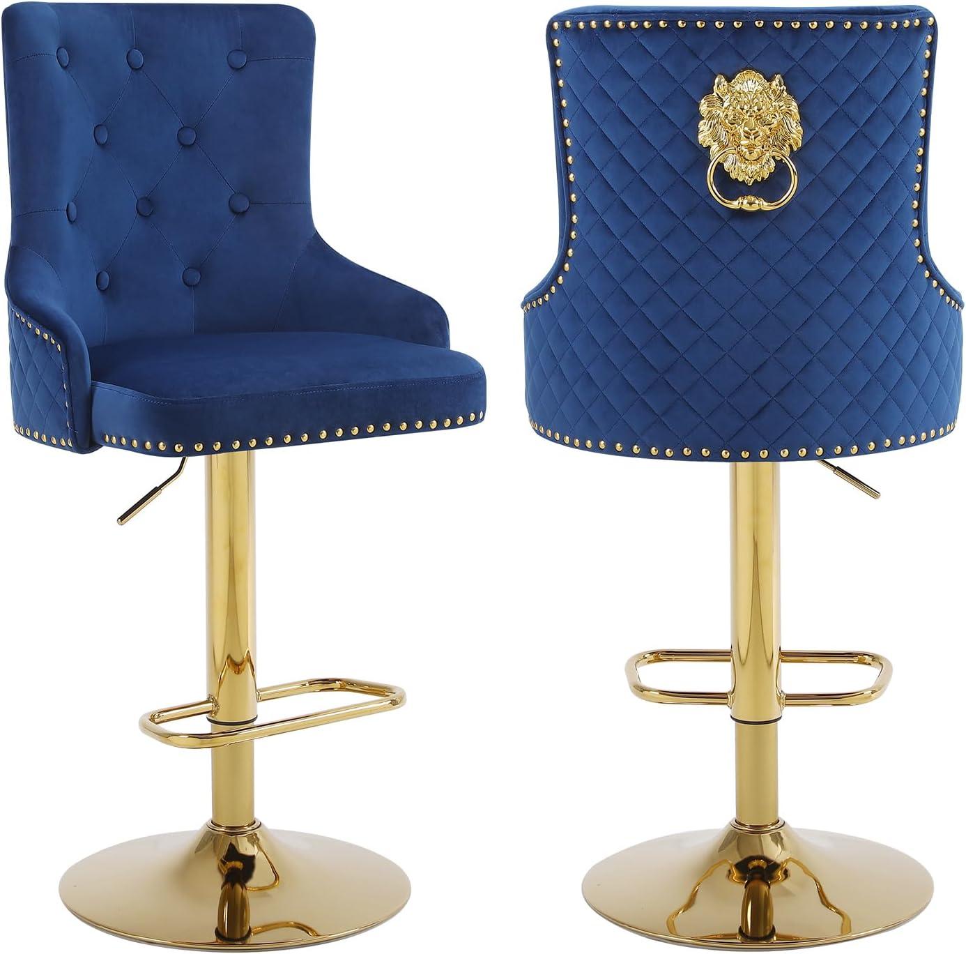 Blue Velvet Adjustable Swivel Bar Stools with Gold Base, Set of 2