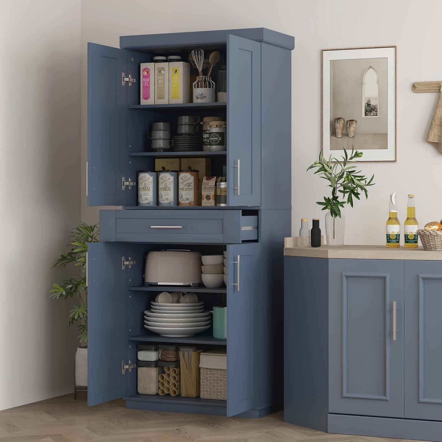 72" Kitchen Pantry Cabinet Cupboard with Doors, Navy Blue